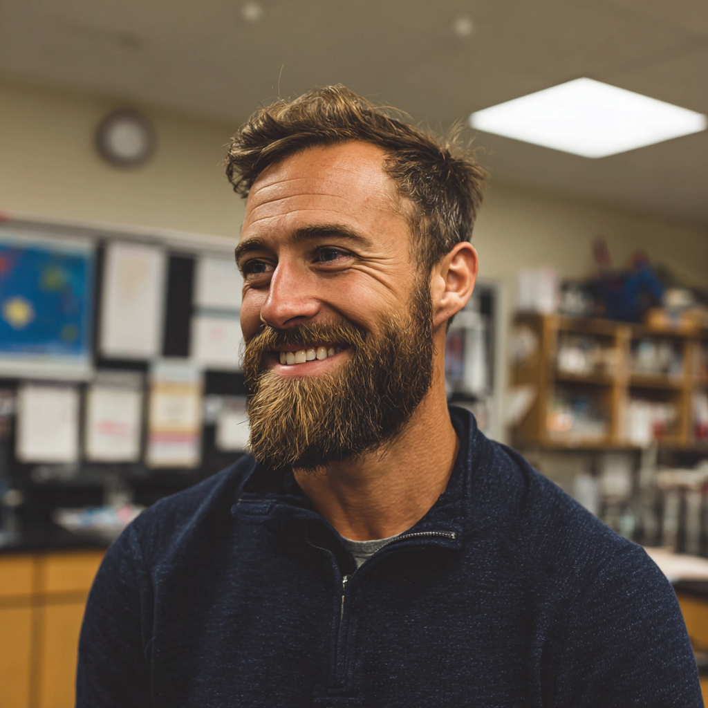 A smiling man standing in a classroom | Source: Midjourney