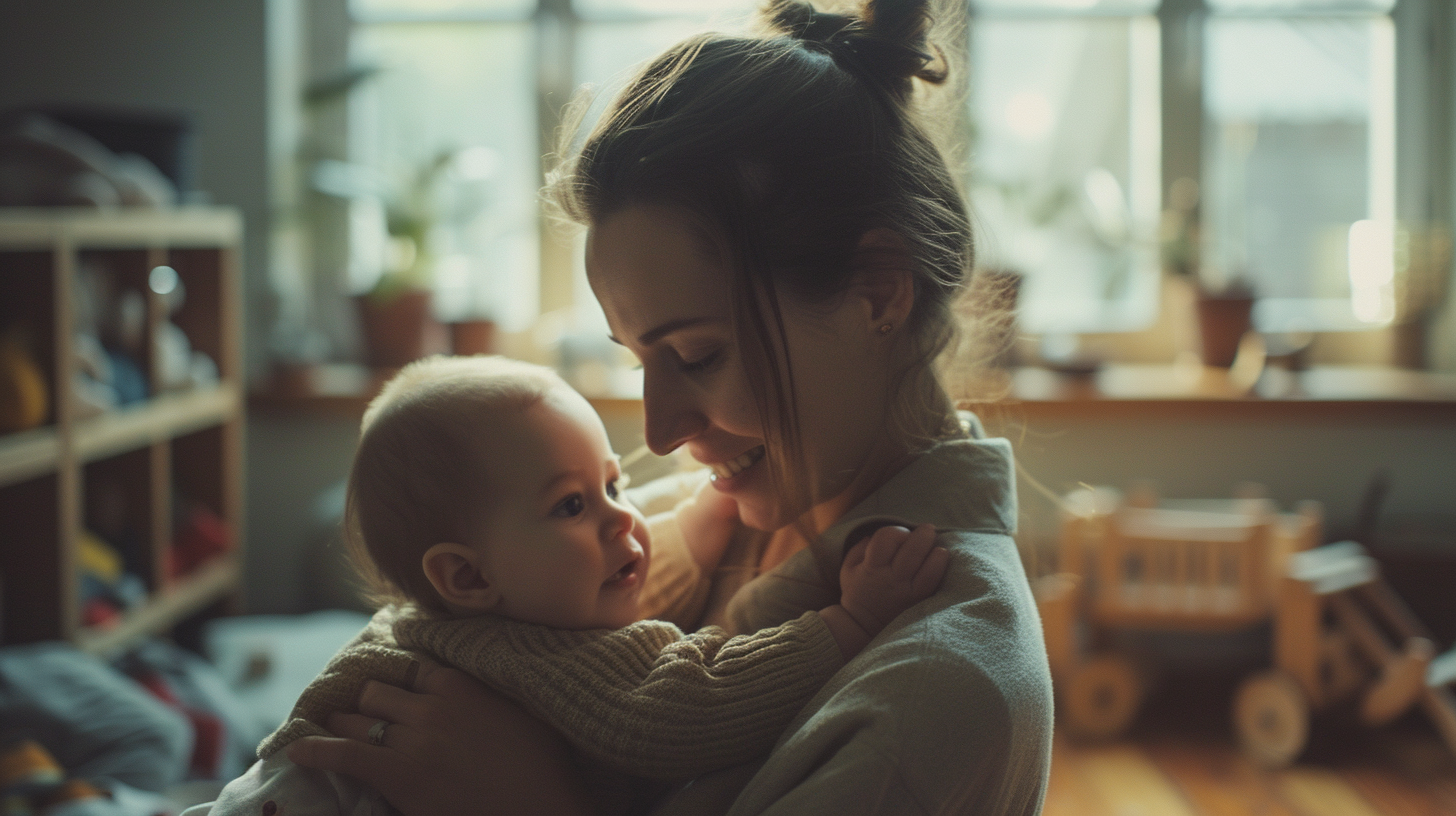 A woman holding a baby | Source: Midjourney