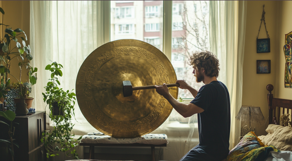 A man beating a brass gong | Source: Midjourney