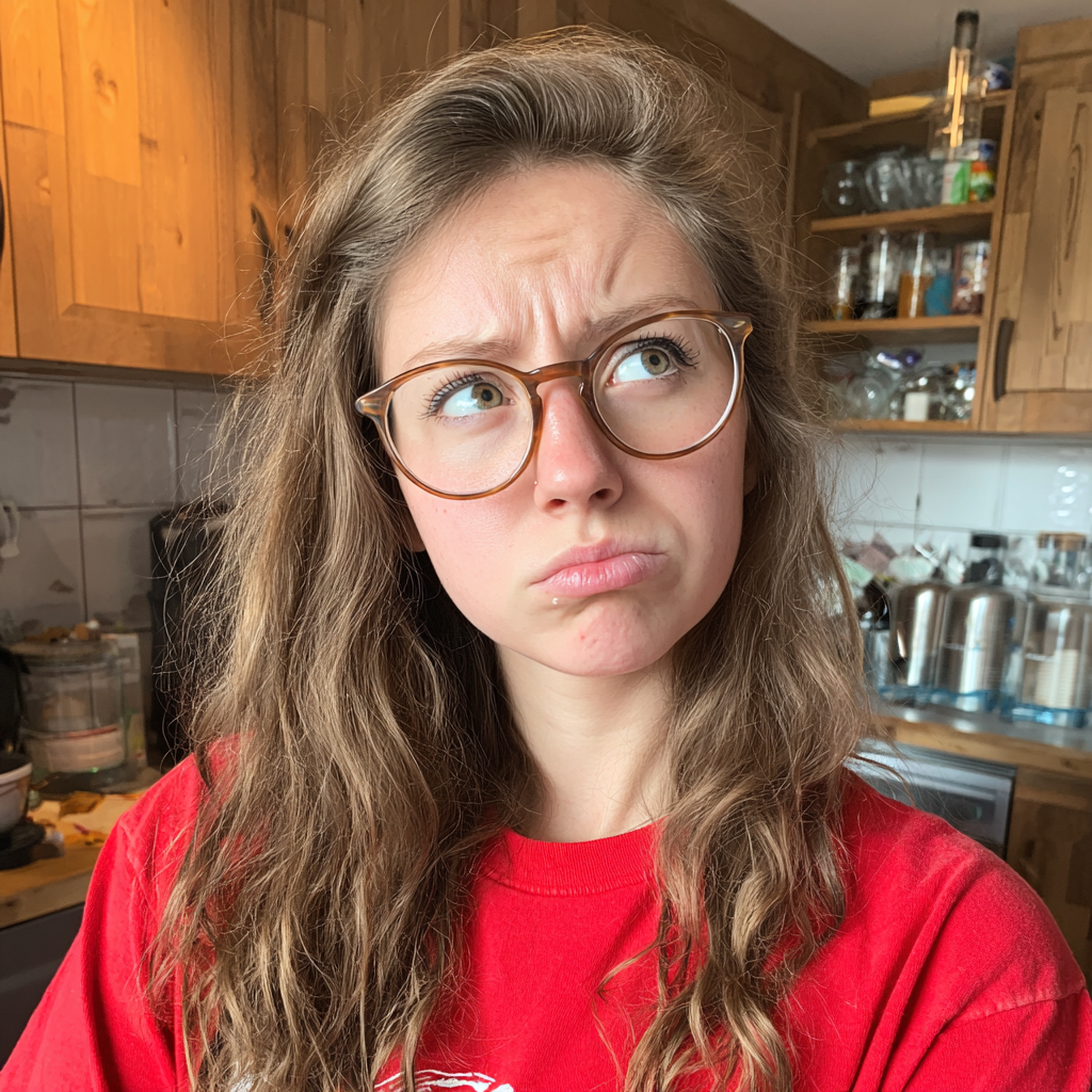 A frowning young woman standing in a kitchen | Source: Midjourney