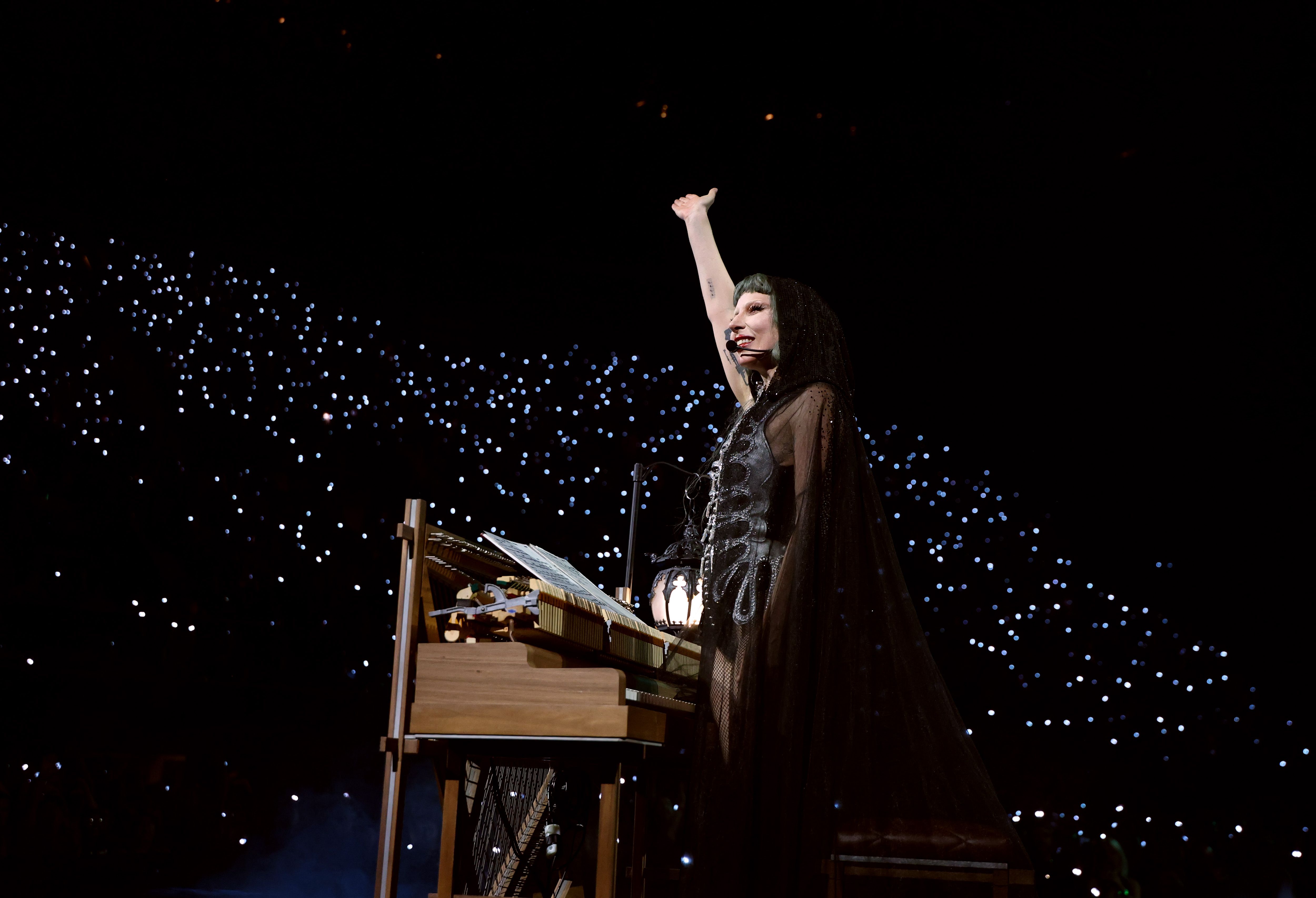 Lady Gaga waving to fans during the Mayhem Ball show in Inglewood. | Source: Getty Images