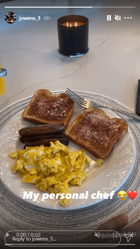 A screenshot from Jonathan Owens' clip of a meal prepared by his girlfriend Simone Biles. | Photo: Instagram/Jowens_3