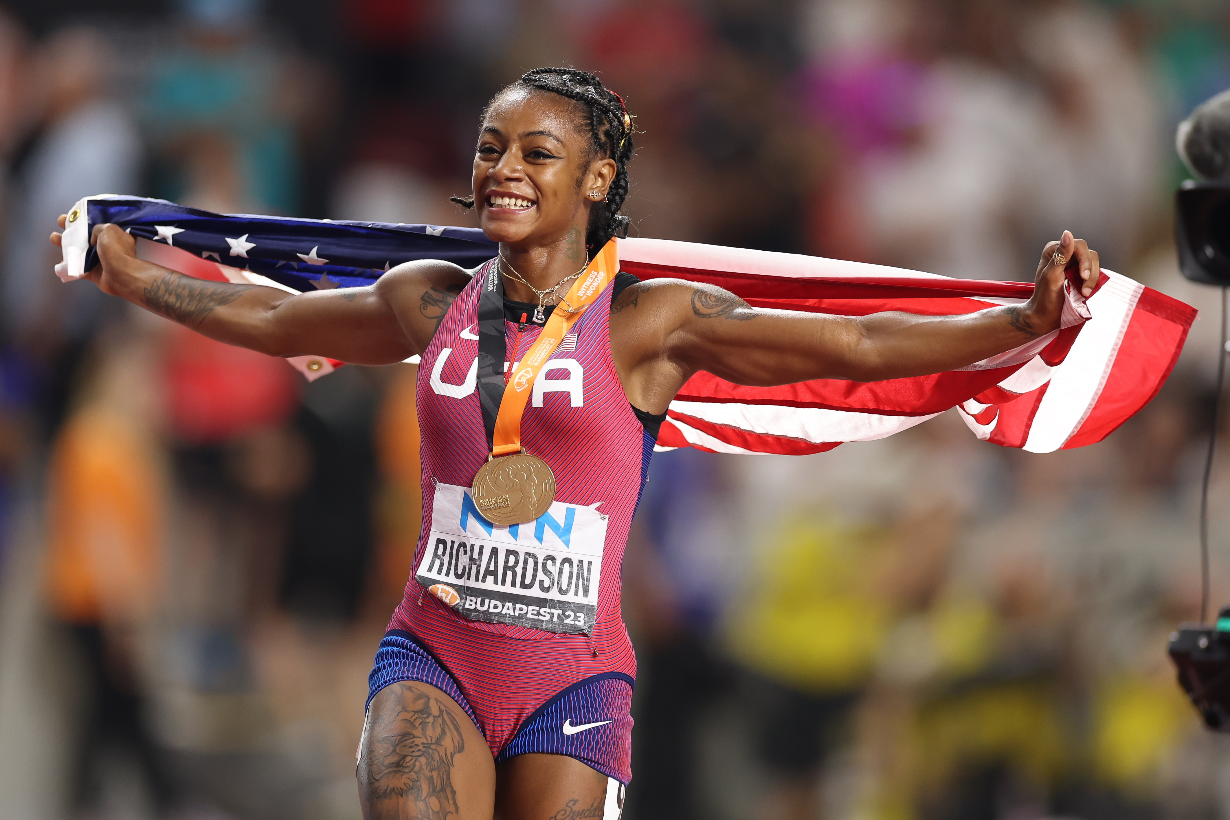 Sha'Carri Richardson celebrates winning the Women's 100m Final during the World Athletics Championships Budapest 2023 on August 21, 2023, in Budapest, Hungary. | Source: Getty Images