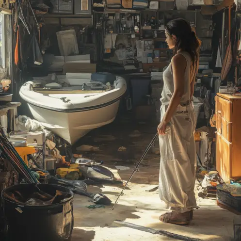 A woman standing in a cluttered garage, surveying fishing gear and a boat | Source: Midjourney