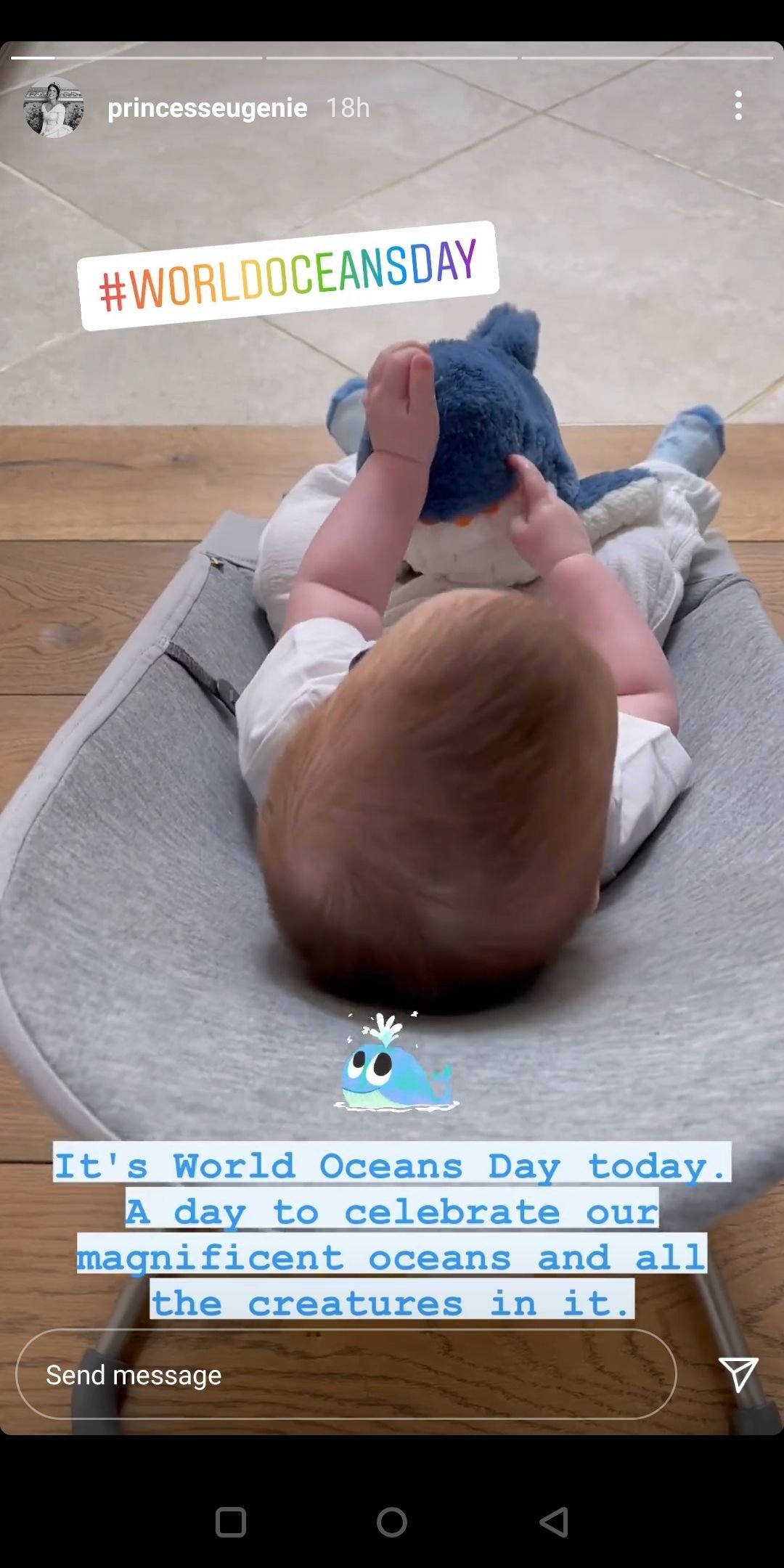 Princess Eugenie's son, August, cuddling a fluffy toy shark for World Oceans Day, 2021, London, England. | Photo: Instagram/princeseugenie