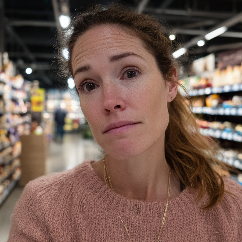 A frowning woman wearing a pink sweater | Source: Midjourney