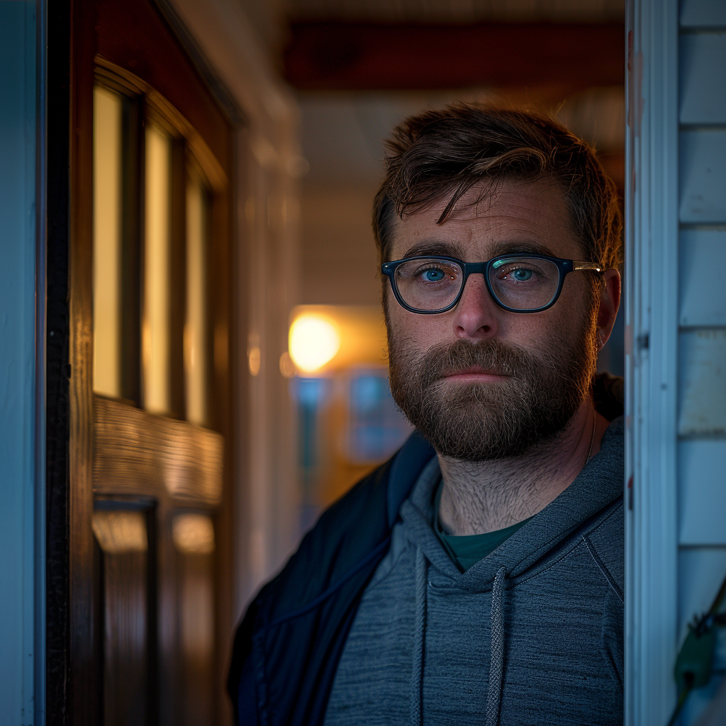 A man at the front door of his house | Source: Midjourney