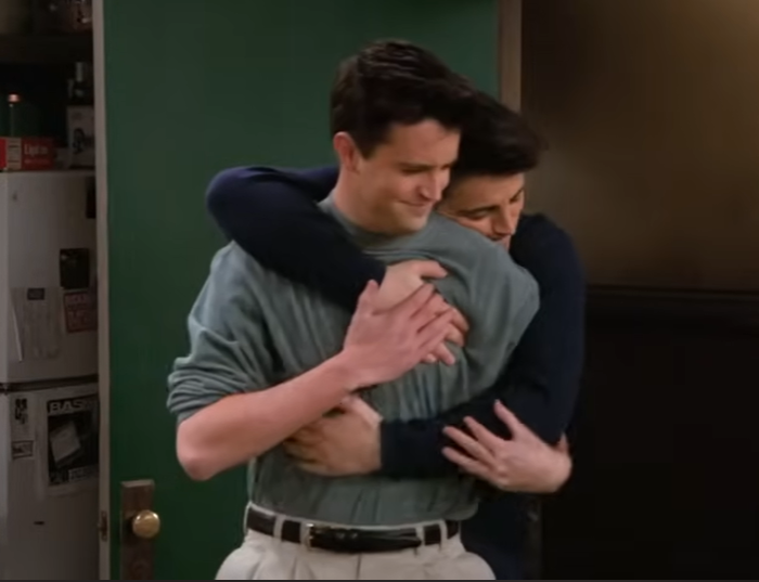 Matt LeBlanc's character Joey Tribbiani hugging Matthew Perry's character, Chandler Bing on the sitcom, 