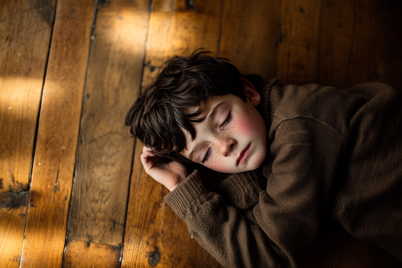 A boy lying on a floor | Source: Midjourney