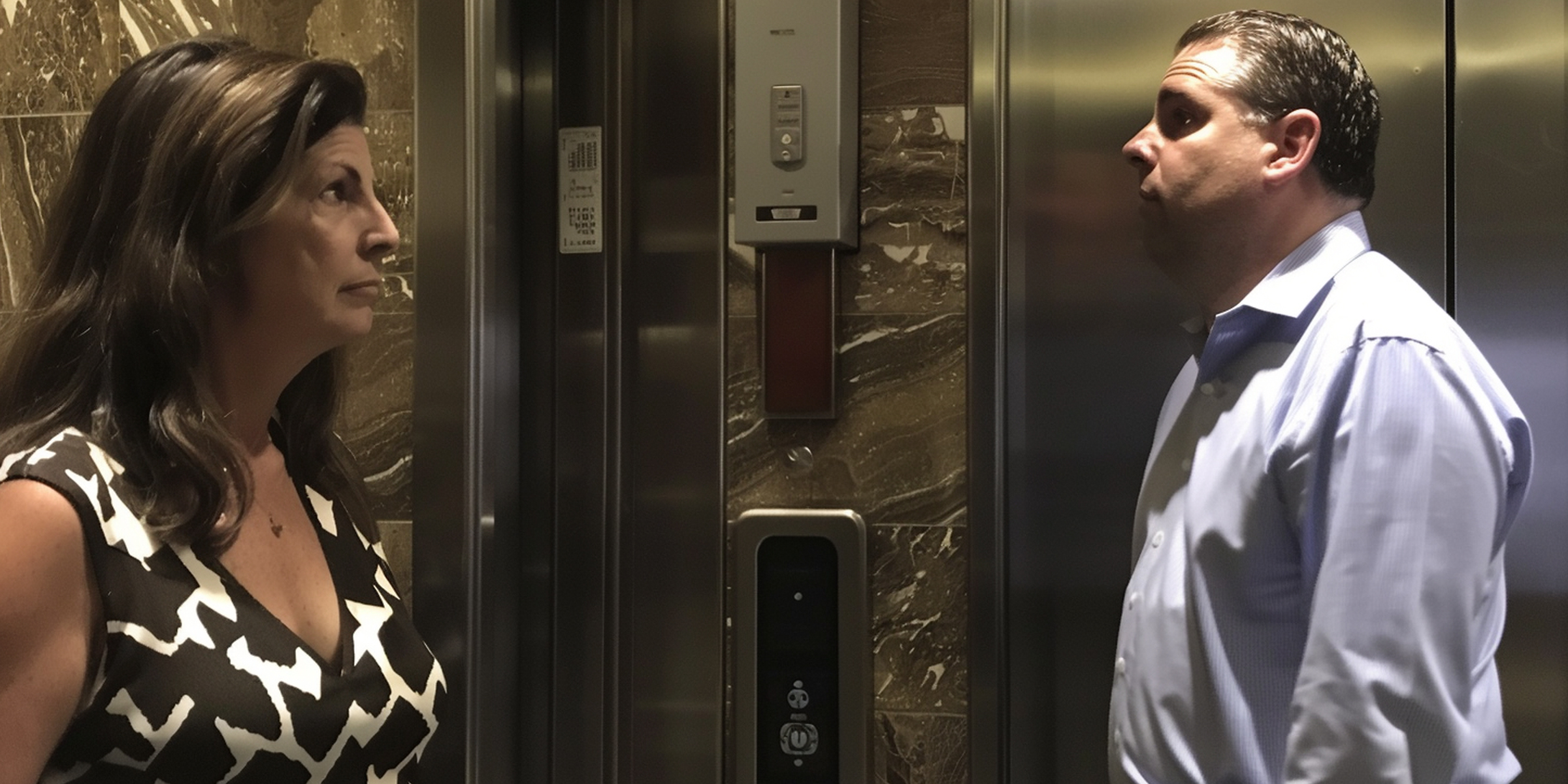 A man and a woman in an elevator | Source: Midjourney