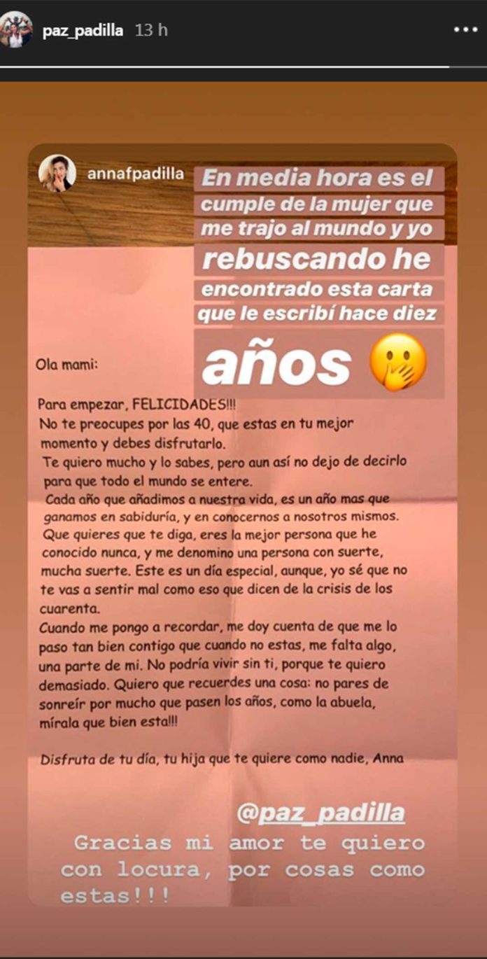 Captura de la carta de Anna Ferrer hacia su madre, compartida por Paz Padilla. | Fuente: Instagram Stories / paz_padilla Captura de la carta de Anna Ferrer hacia su madre, compartida por Paz Padilla. | Fuente: Instagram Stories / paz_padilla
