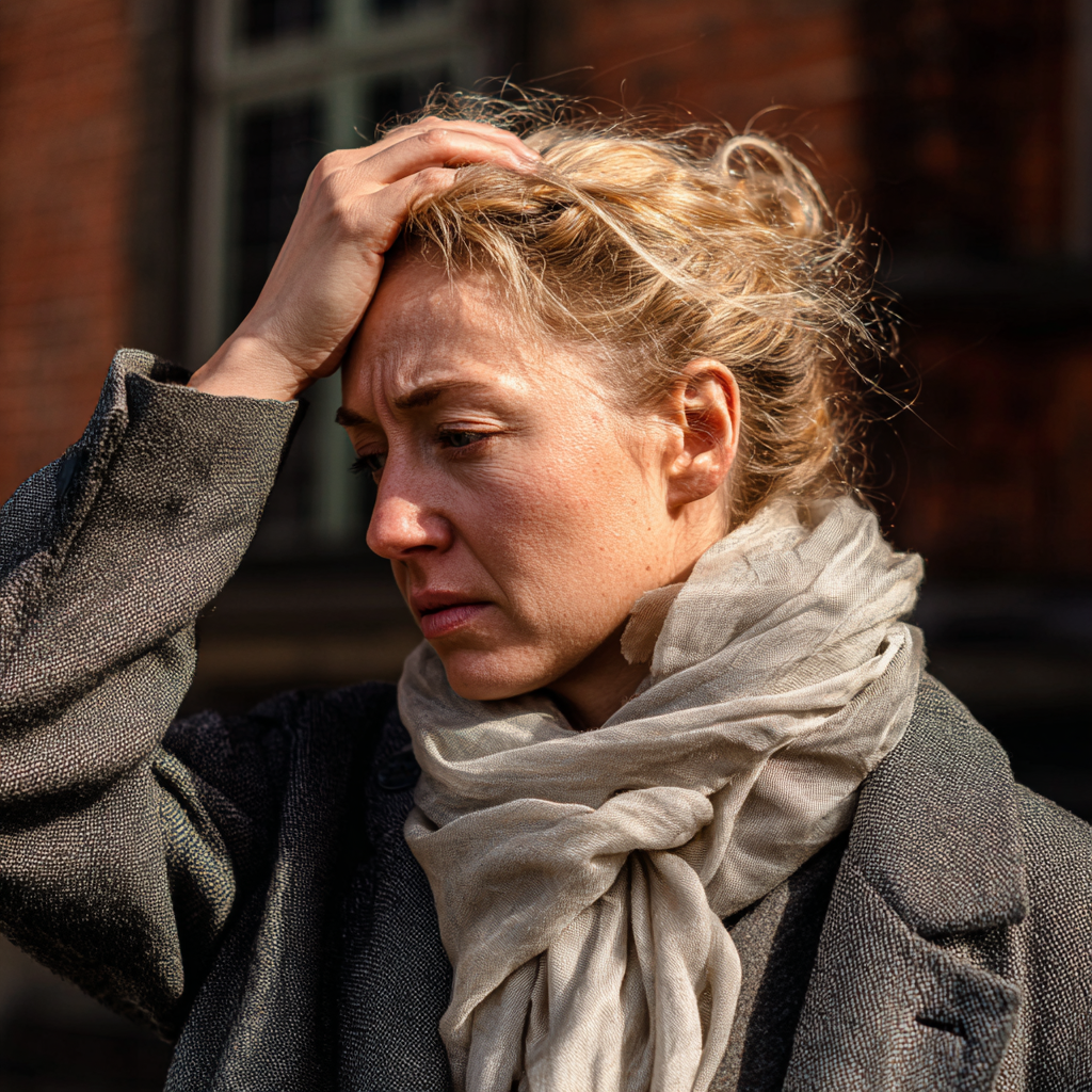 An emotional woman with her hand on her head | Source: Midjourney