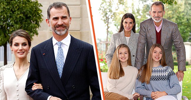 (L) King Felipe VI of Spain and Queen Letizia of Spain at the Elysee Palace on June 2, 2015 in Paris, France. (R) King Felipe with Queen Letizia and their children Crown Princess Leonor and Princess Sofia on December 16, 2021 in Madrid, Spain. / Source: Getty Images